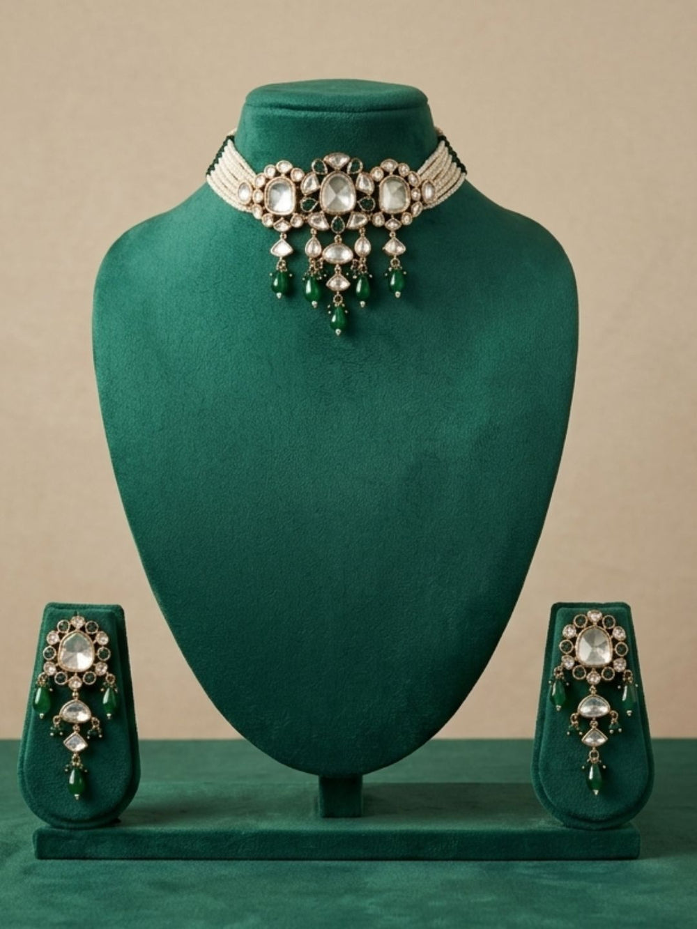 Exquisite Beaded Pearl Green Polki Choker Necklace Set | Statement  green kundan Choker