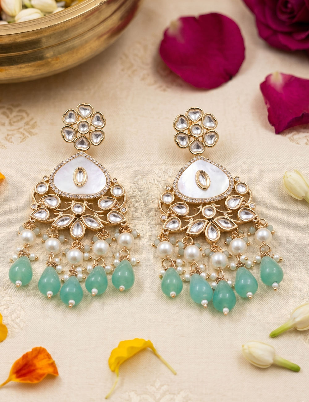 Elegant Gold Plated Mother Of Pearl And Kundan Earrings with mint green drops For Women - Statement Earrings