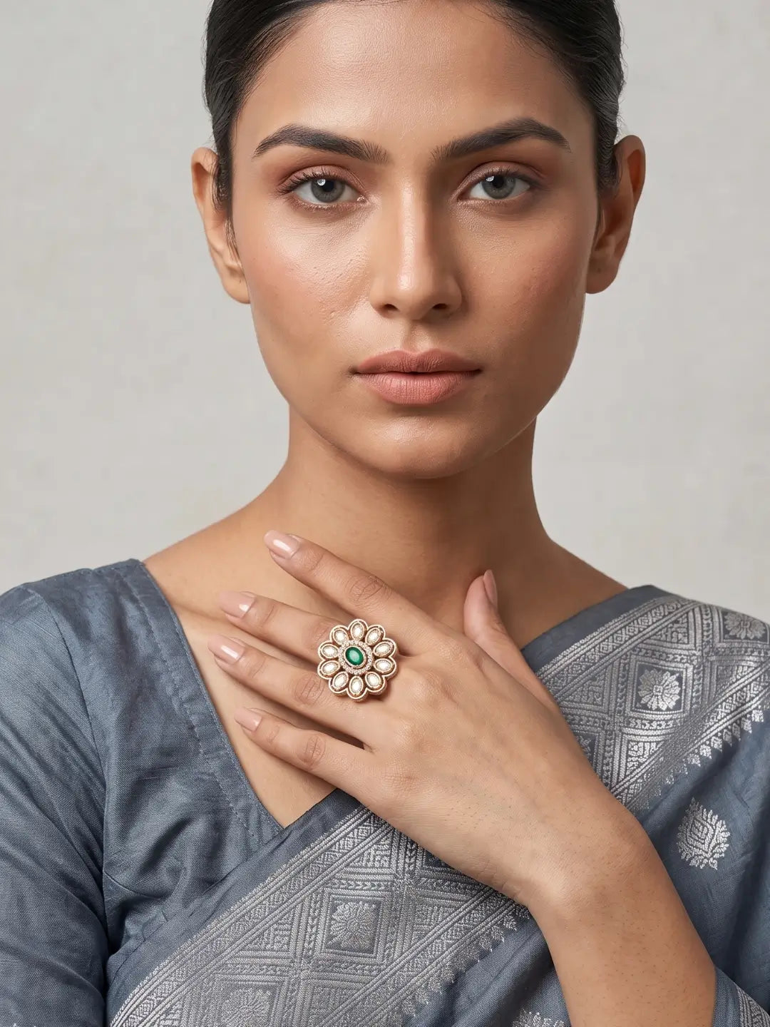 Gold Plated Polki Kundan Adjustable Ring For Women | Ethnic & Traditional