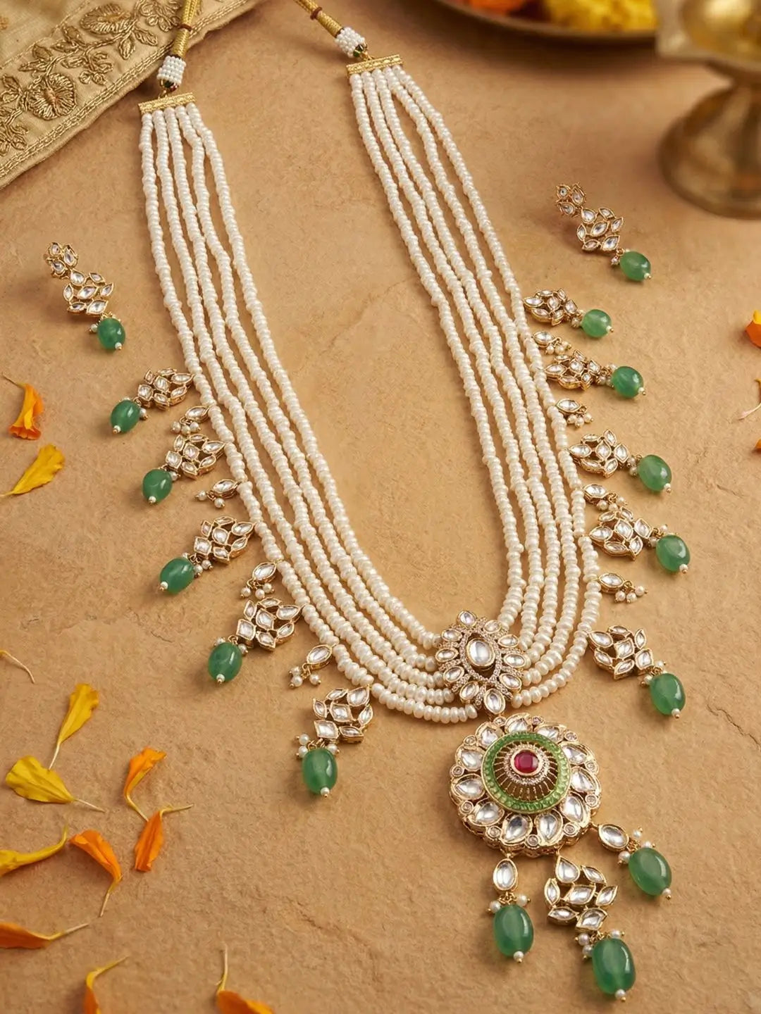 Handcrafted Multi Layered Natural Freshwater Pearls Jewellery Set With Green Kundan Pendant | Bridal And Wedding Wear Jewellery