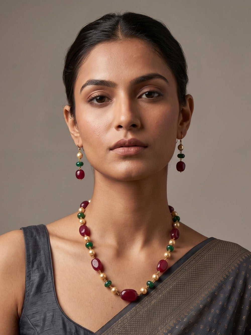 Semi Precious Gemstone red Jade Beaded Necklace Set | Ethnic Jewellery For Women