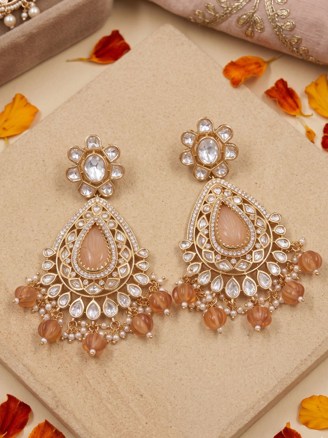 Orange Kundan Polki Pearl Drop Chandbali Earrings For Women | Traditional Bridal & Wedding Earrings