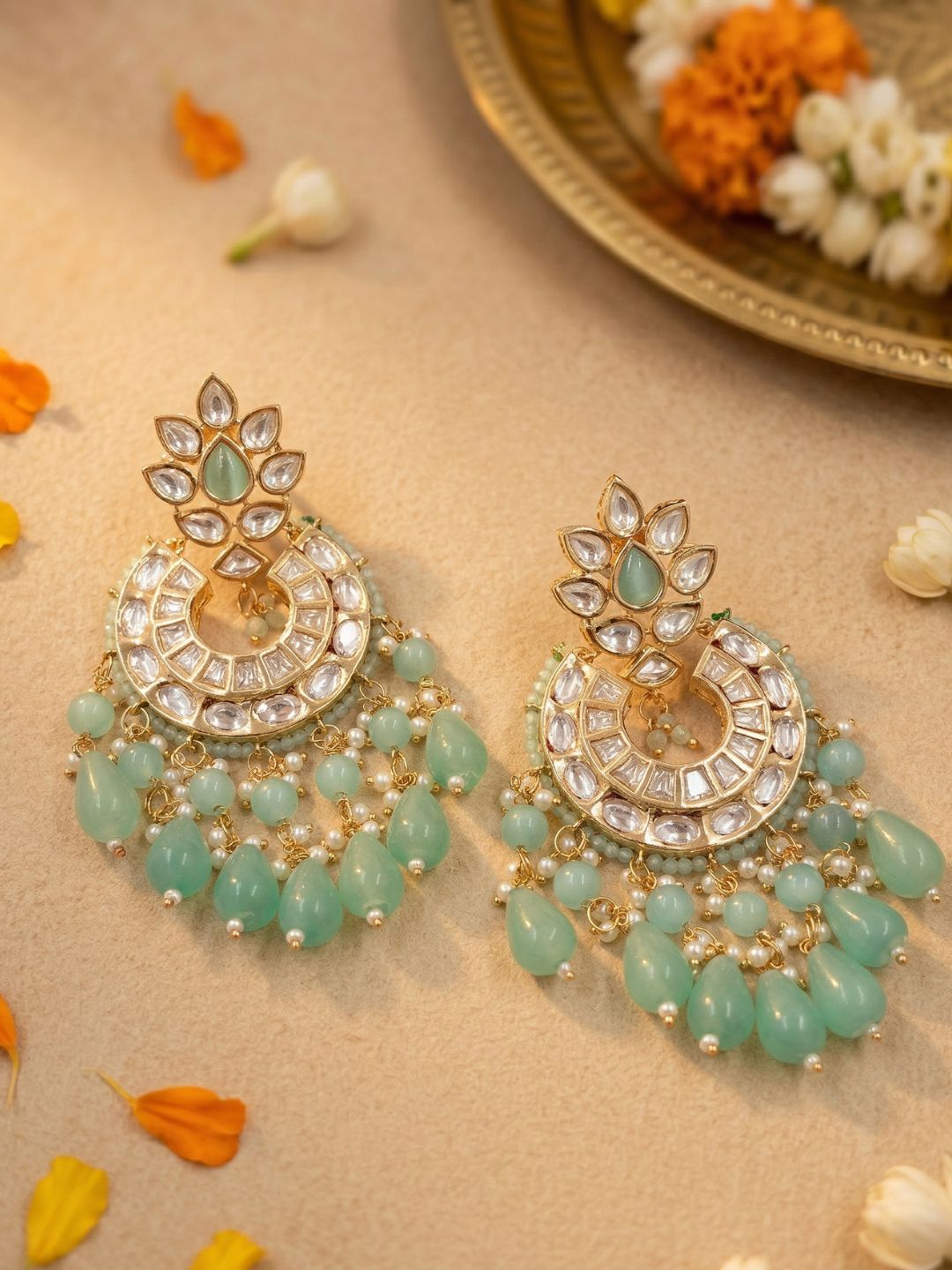 Traditional Gold Plated Polki Chandbali Earrings with mint green beaded drops handcrafted For Women | Wedding And Party Wear earrings 