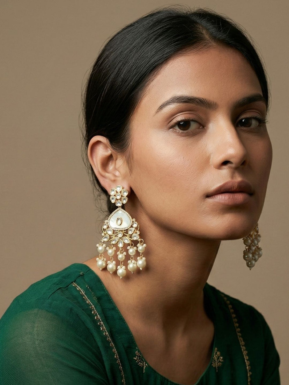 Elegant Gold Plated Mother Of Pearl And Kundan Earrings with pearls handcrafted For Women - Statement Earrings