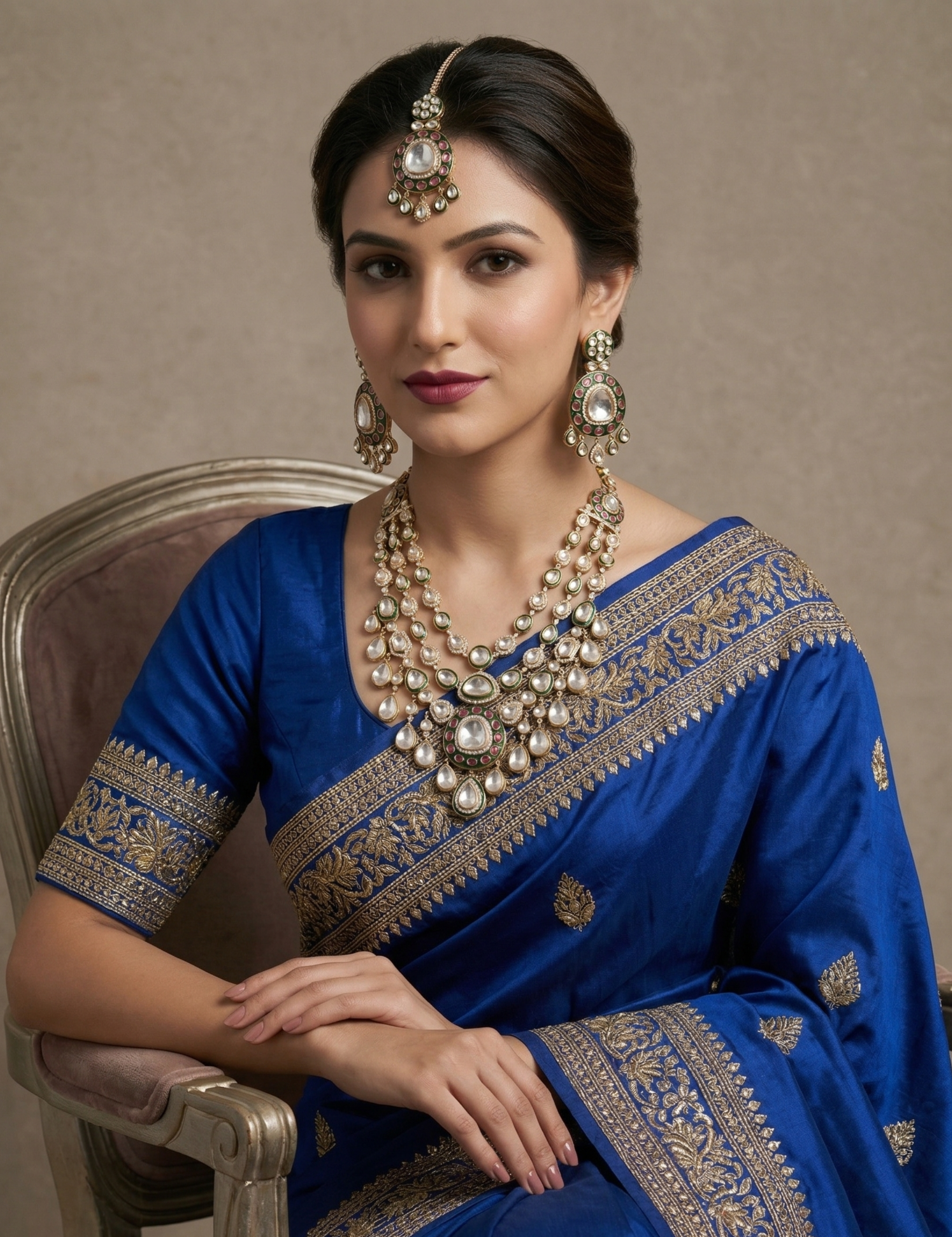 Luxurious Long Layered Polki Kundan Necklace Earring Set With Tikka  | Wedding And Bridal Jewellery