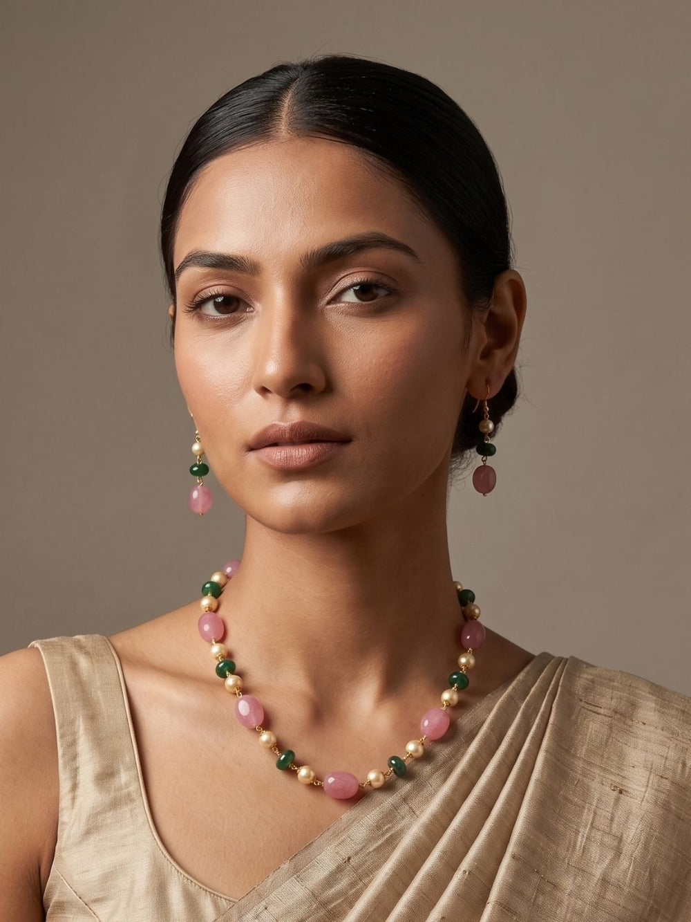 Semi Precious Gemstone Pink Jade Beaded Necklace Set | Ethnic Jewellery For Women