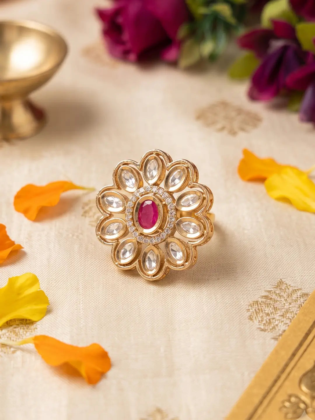 Gold Plated Polki Kundan Adjustable Ring For Women | Ethnic & Traditional
