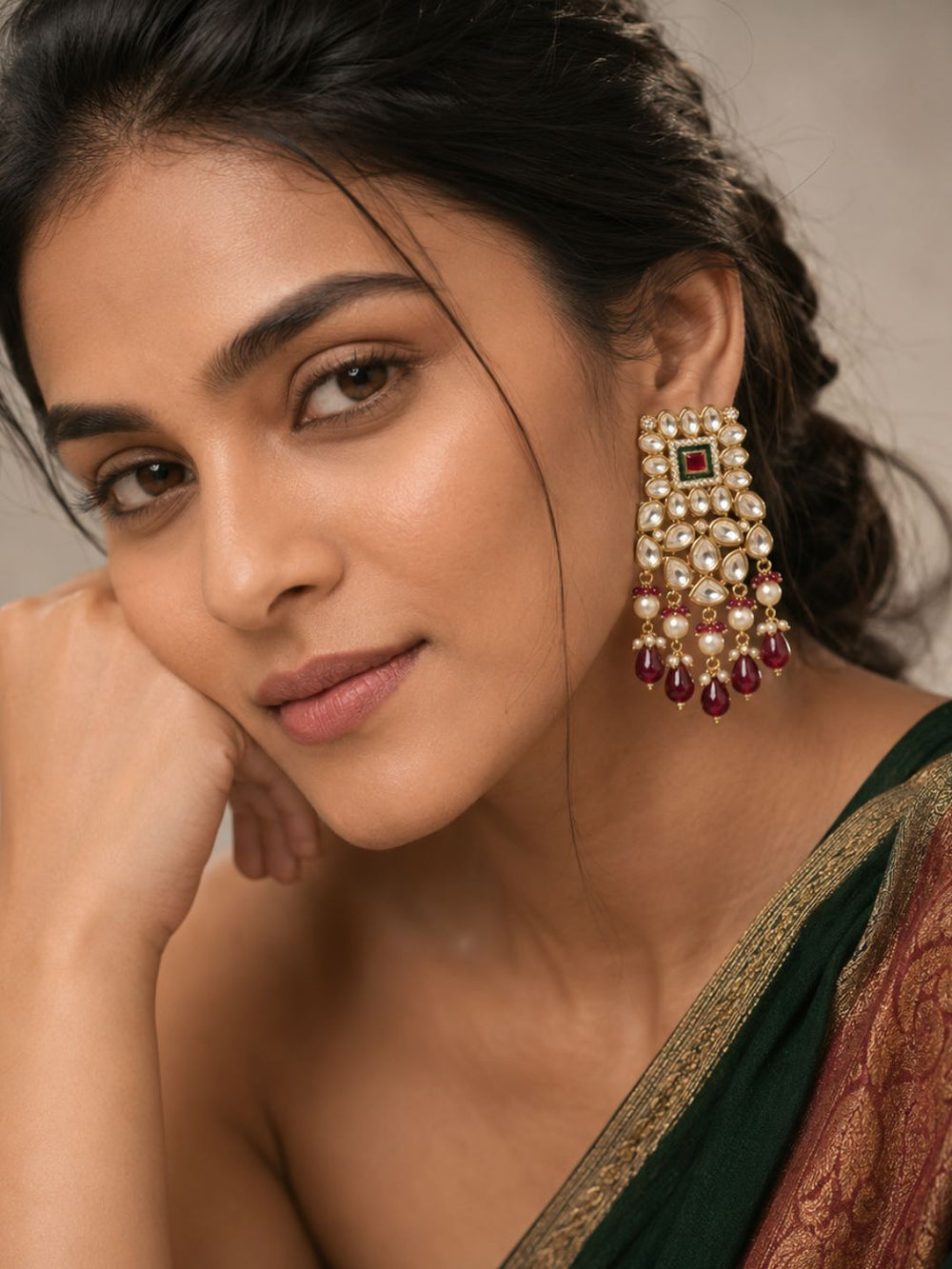 Vamika Pretty Polki Kundan Dangler Earrings With Red Drops | Statement Earrings