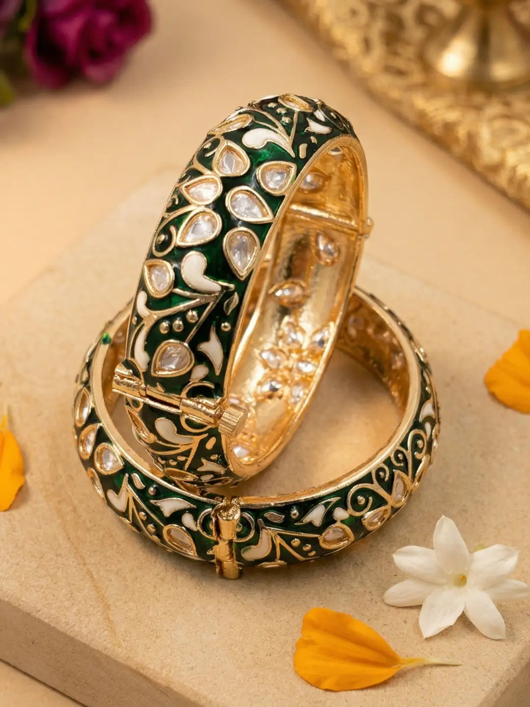 Gold Plated Green Meenakari Kundan Bangles For Women | Wedding & Bridal Bangles