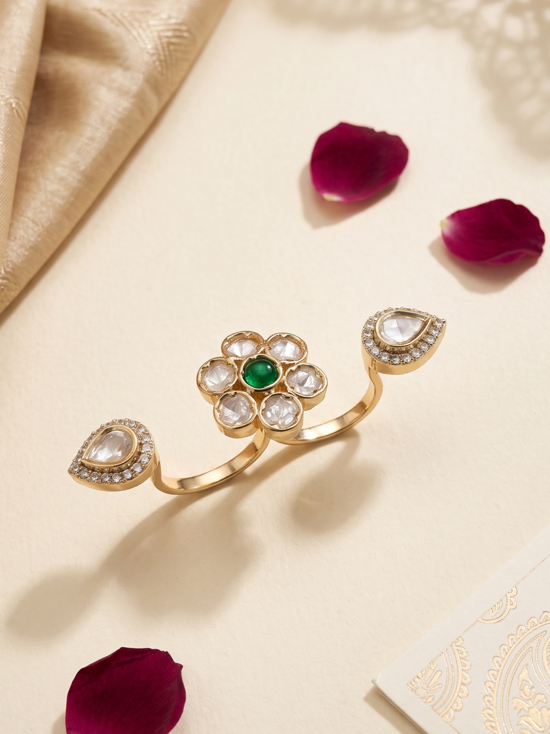 Floral Polki Double Finger Ring for Women | Gold Plated Kundan Statement Jewellery