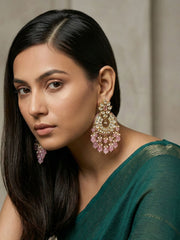 Traditional Gold Plated Polki Chandbali Earrings with pink stone beaded drops, handcrafted For Women | Wedding And Party Wear pink earrings 
