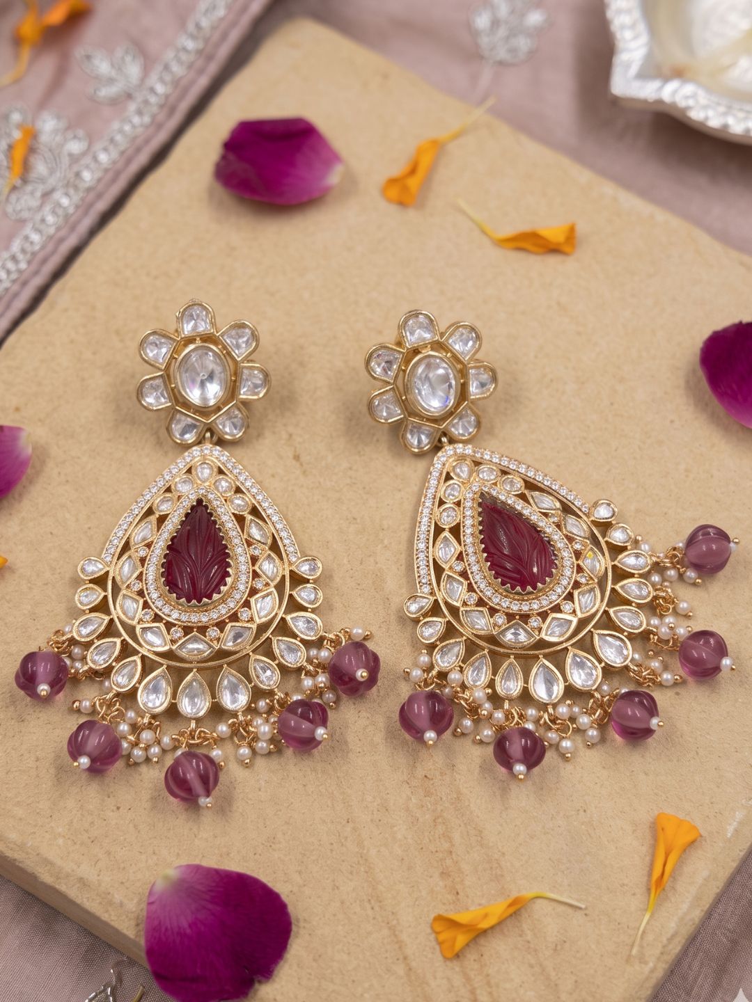 Pink Kundan Polki Pearl Drop Chandbali Earrings For Women | Traditional Bridal & Wedding Earrings