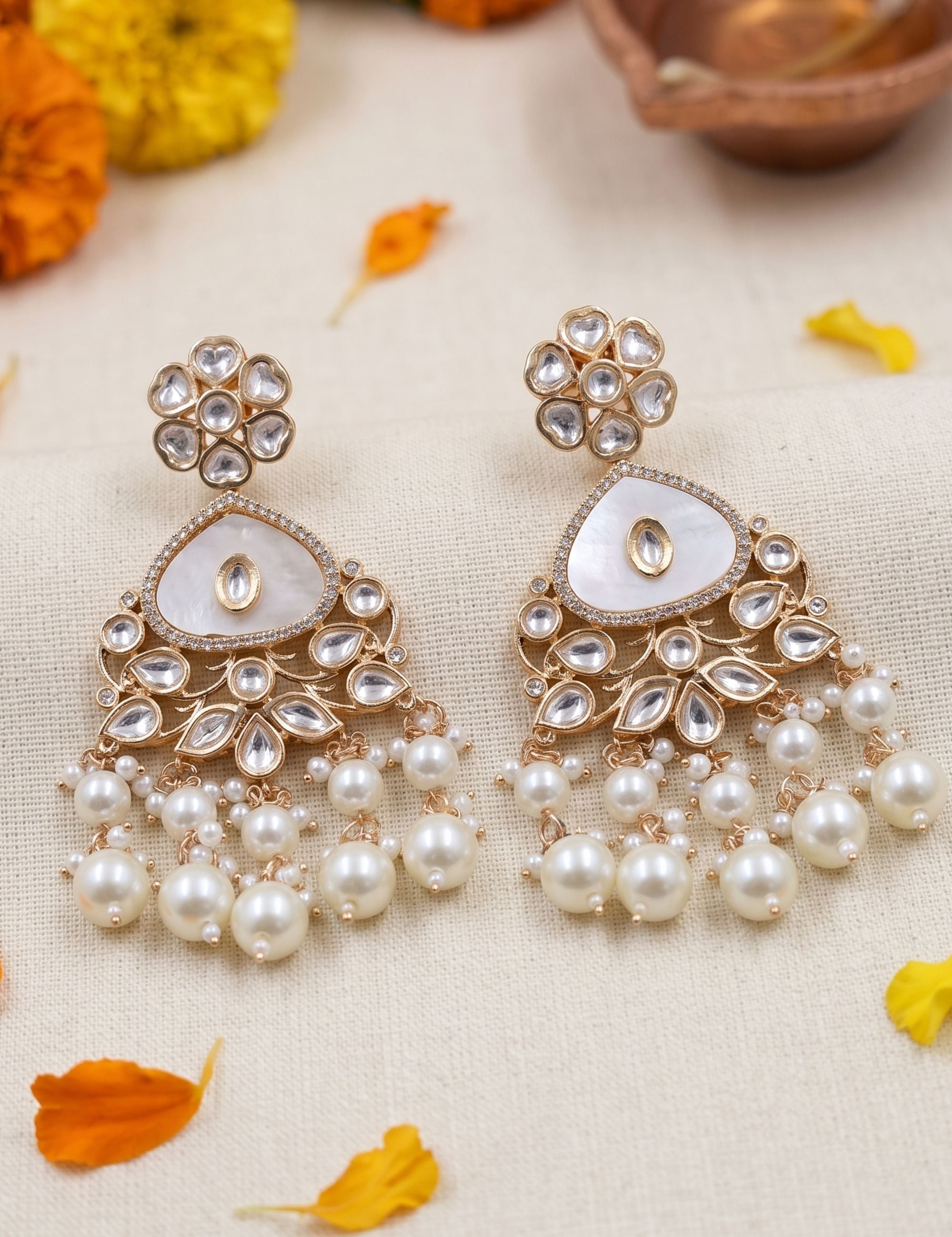 Elegant Gold Plated Mother Of Pearl And Kundan Earrings For Women - Statement Earrings