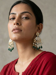 Elegant Gold Plated Mother Of Pearl And Kundan Earrings with green drops For Women - Statement Earrings