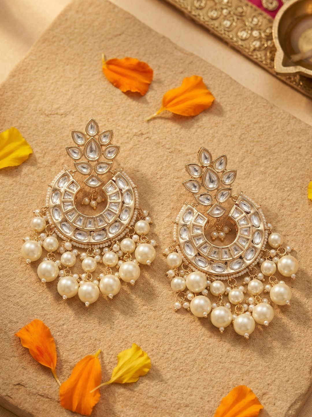 Traditional Gold Plated Polki Chandbali Earrings with pearl beaded drops handcrafted For Women | Wedding And Party Wear earrings 