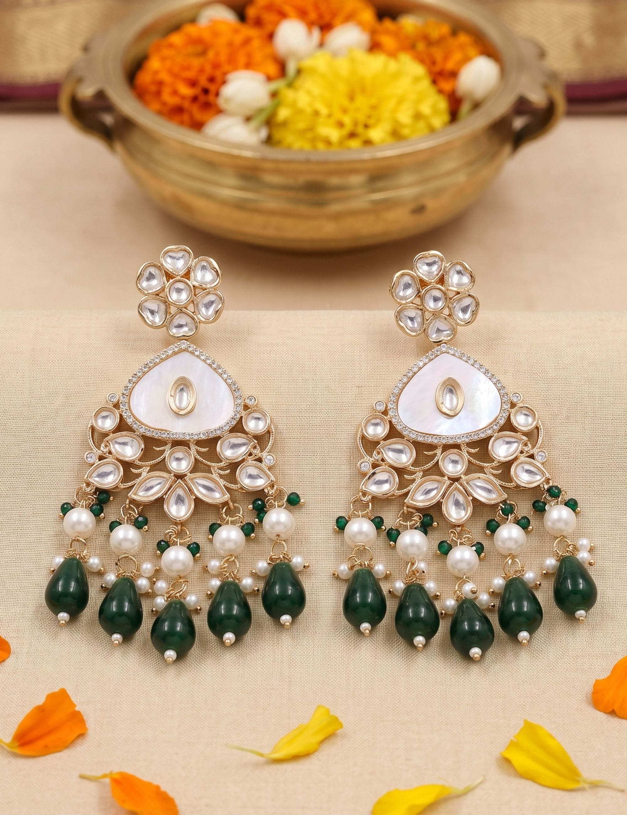 Elegant Gold Plated Mother Of Pearl And green stone beaded Kundan Earrings For Women - Statement Earrings