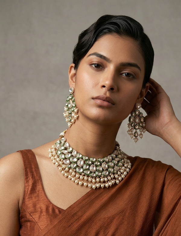 Luxurious Long Layered Polki Kundan Necklace Earring Set With Tikka  | Wedding And Bridal Jewellery