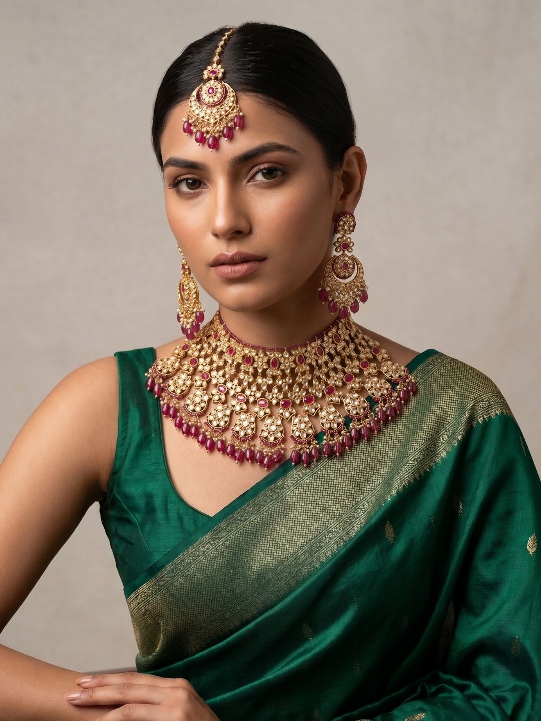 Designer Ruby Red Kundan Bridal Choker Necklace With Maang Tikka & Earrings | Indian Bridal Jewellery