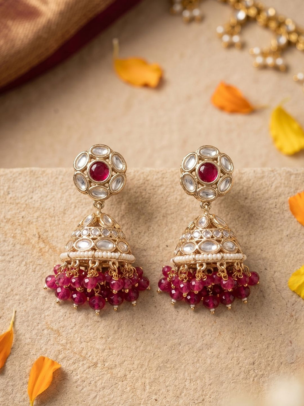 Traditional red Kundan Jhumka Earrings For Women | Wedding And Festive Wear Earrings