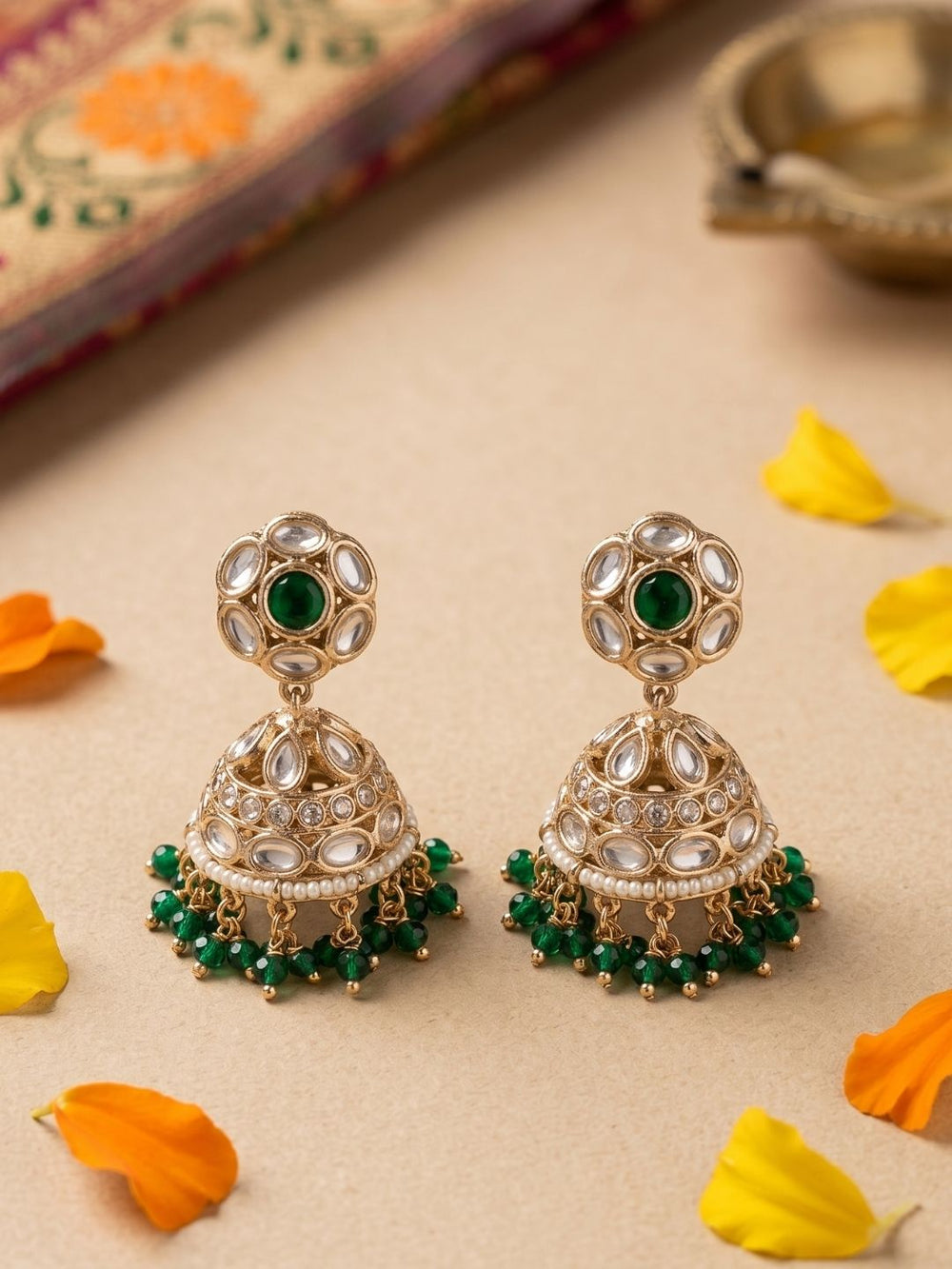 Traditional green beaded Kundan Jhumka Earrings For Women | Wedding And Festive Wear Earrings