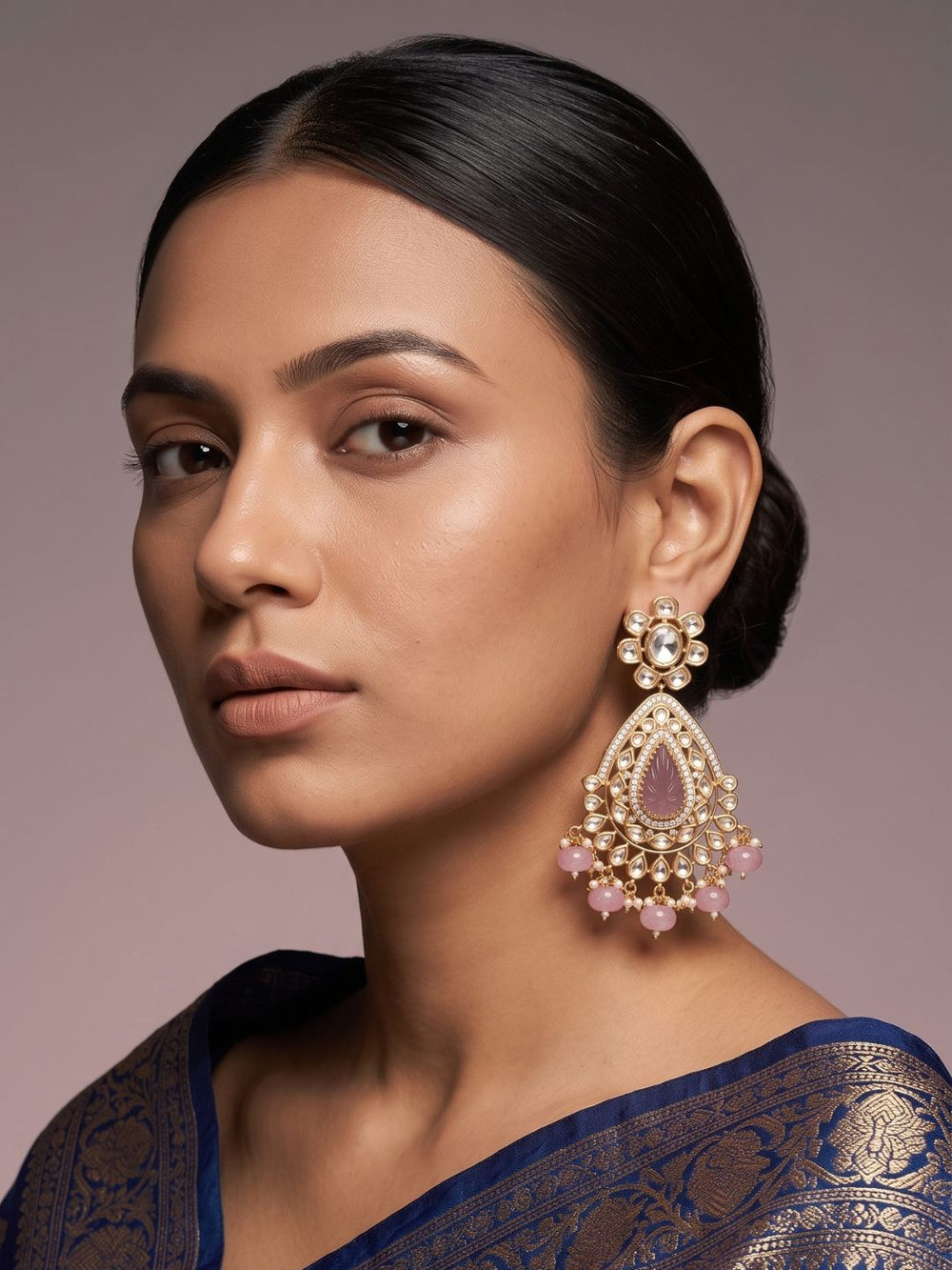 Kundan Polki Pearl Drop Chandbali Earrings For Women | Traditional Pink Bridal & Wedding Earrings