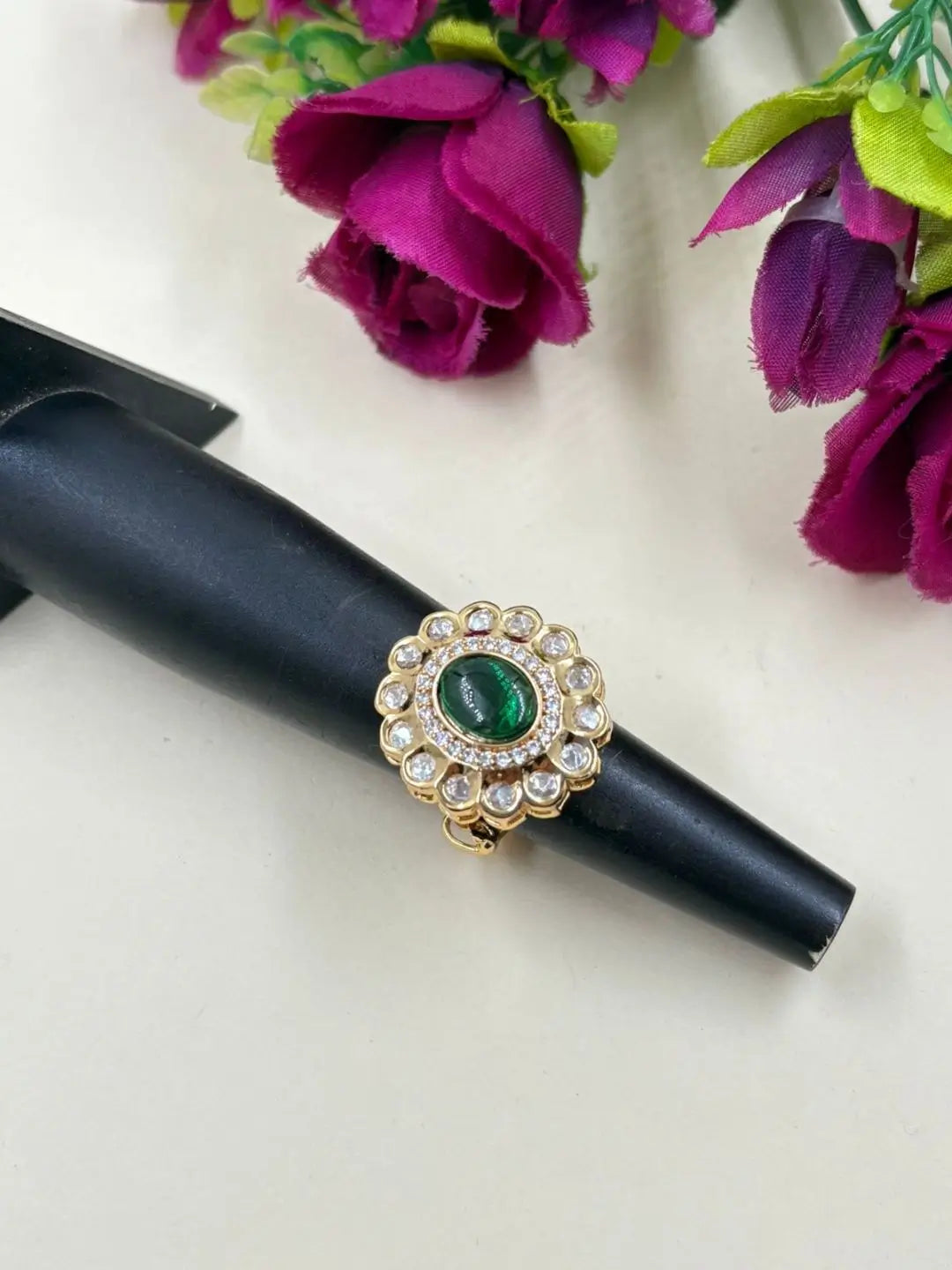 Traditional Party & Wedding Wear Green Stone Adjustable Kundan Ring For Women