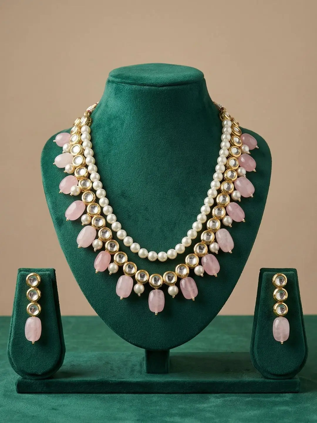 Gold Plated Beaded Kundan Statement Necklace Set For Women - Indian Ethnic Jewellery