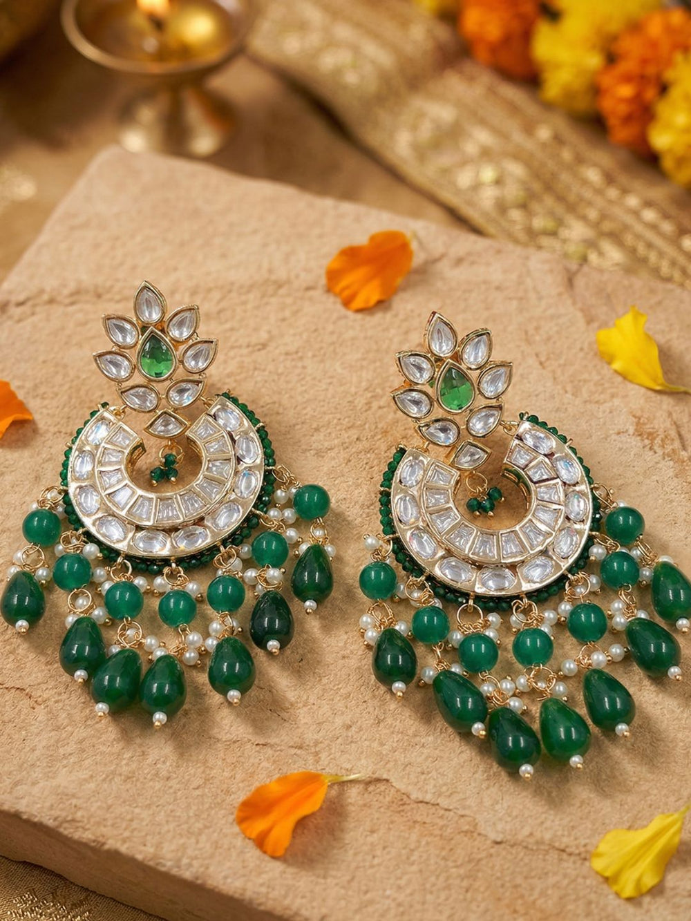 Traditional Gold Plated Polki Chandbali Earrings with green beaded drops handcrafted For Women | Wedding And Party Wear earrings 