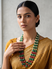 Handcrafted natural jade beads multi-layer necklace with synthetic pearl accents and deep pink beads
