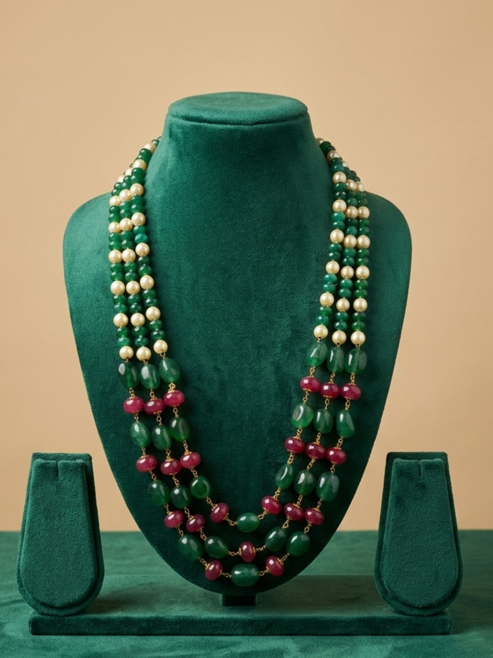 Handcrafted Triple Layered Natural Green Jade Beaded Necklace For Women