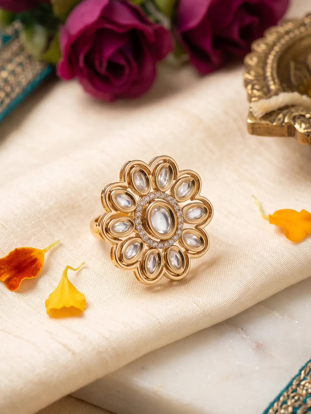Gold Plated Polki Kundan Adjustable Ring For Women | Ethnic & Traditional
