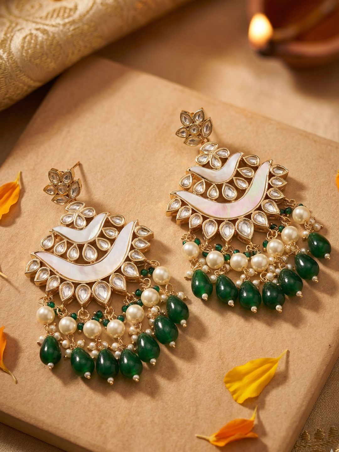Kundan Chandbali Earrings with Mother of Pearl Detailing and green stones and Pearl Drops | Bridal Wedding Statement earrings  for Women