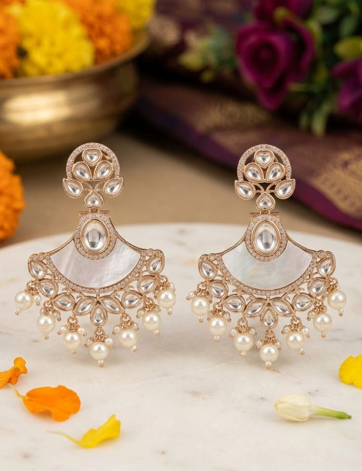 Designer Kundan And Mother Of Pearl Beaded Chandbali Earrings For Women  - Statement Earrings