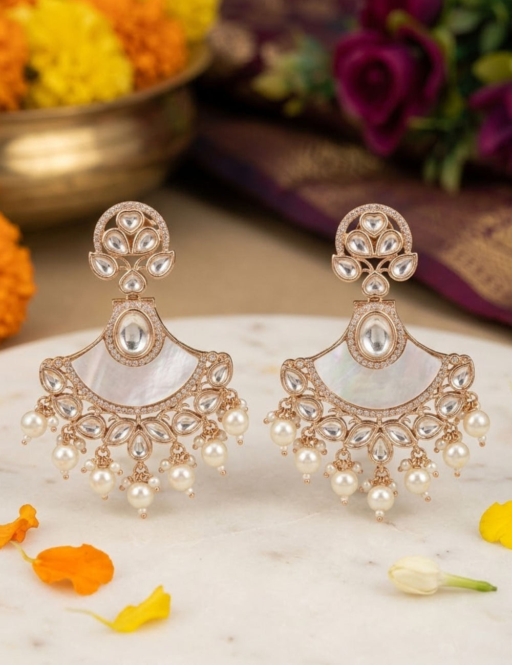 Designer Kundan And Mother Of Pearl Beaded Chandbali Earrings For Women  - Statement Earrings