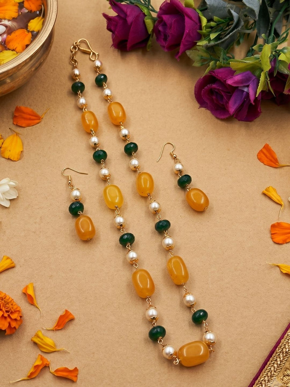 Semi Precious Gemstone yellow Jade Beaded Necklace Set | Ethnic Jewellery For Women