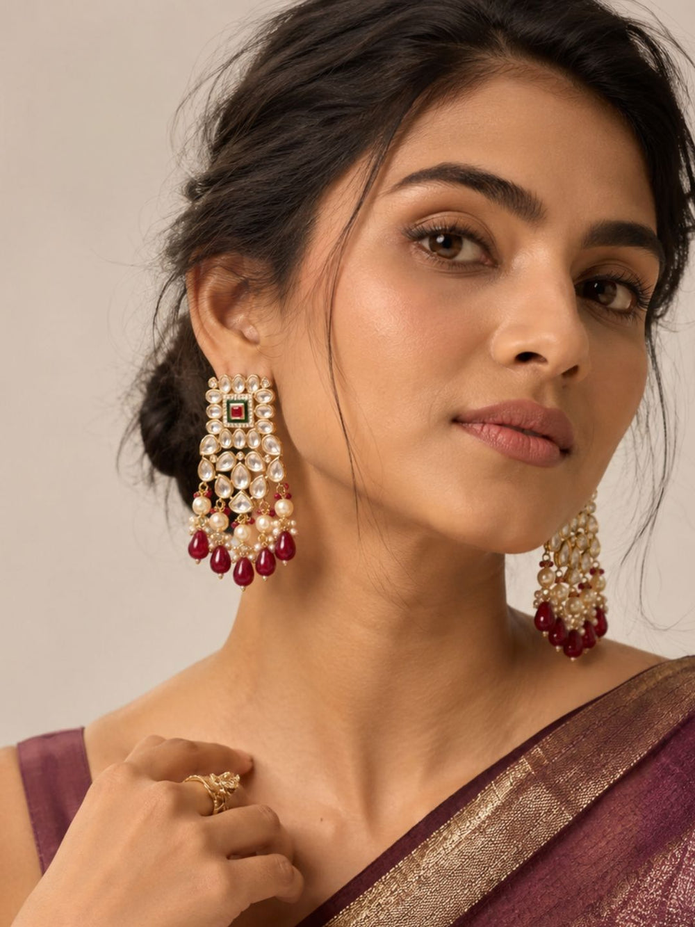 Vamika Pretty Polki Kundan Dangler Earrings With Red Drops | Statement Earrings