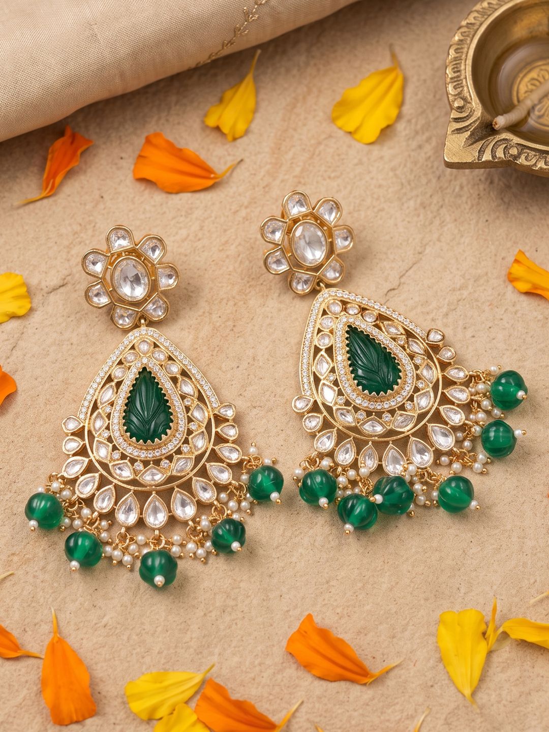 Green Kundan Polki Pearl Drop Chandbali Earrings For Women | Traditional Bridal & Wedding Earrings