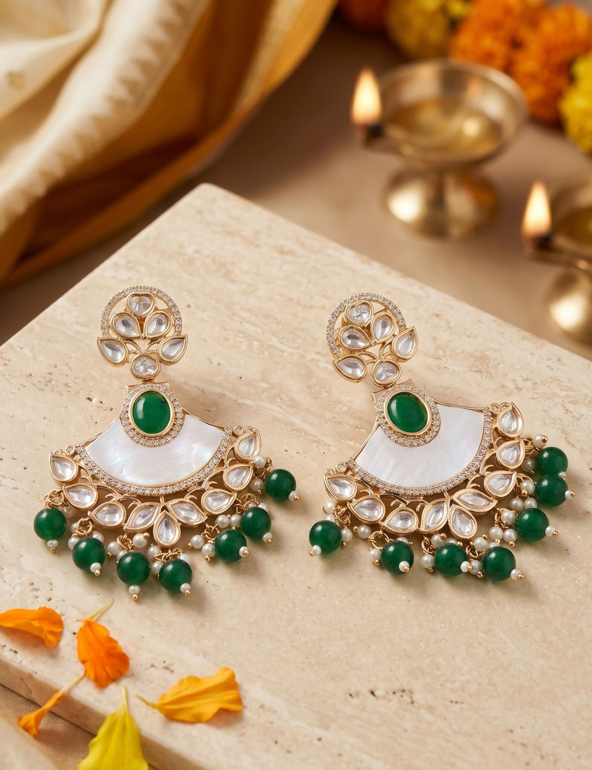Designer Kundan And Mother Of Pearl Beaded Chandbali Earrings For Women  - Statement green stone beaded chandbali Earrings
