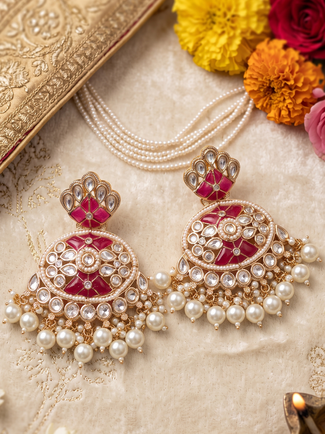 Gold Plated Statement Pearls Kundan Choker Necklace Set - Wedding Jewellery Set