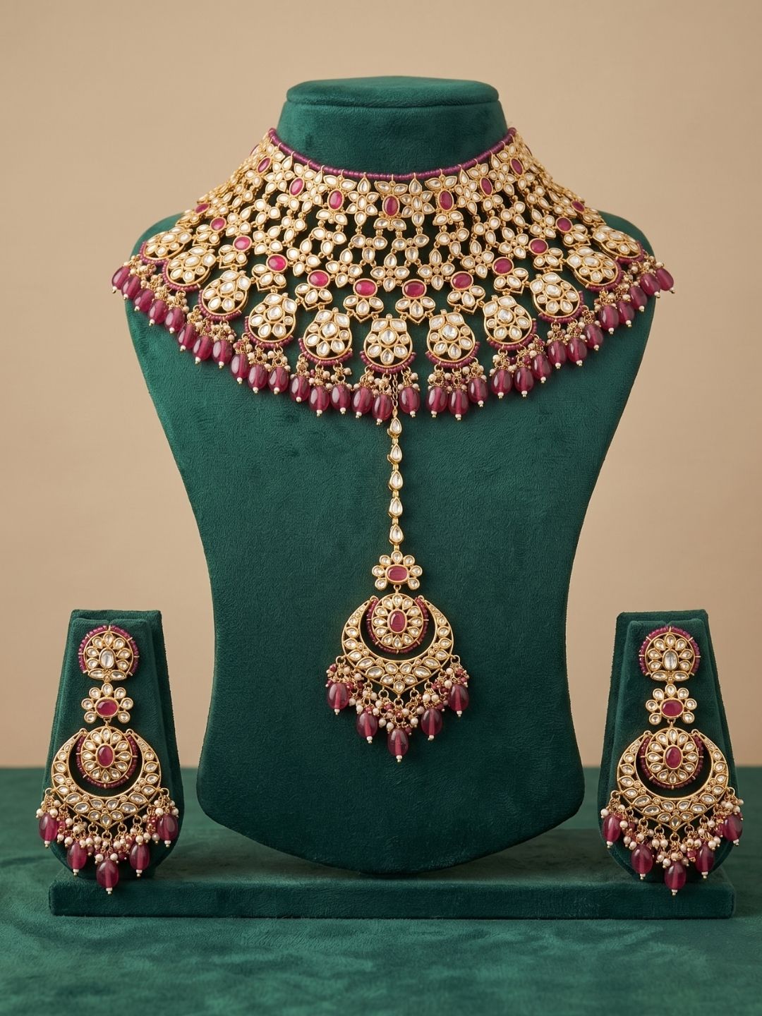Designer Ruby Red Kundan Bridal Choker Necklace With Maang Tikka & Earrings | Indian Bridal Jewellery