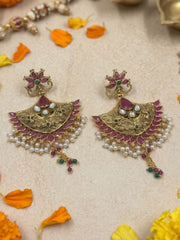 Gold Plated Traditional Golden Pink Chandbali Earrings | Wedding & Festive Wear Earrings