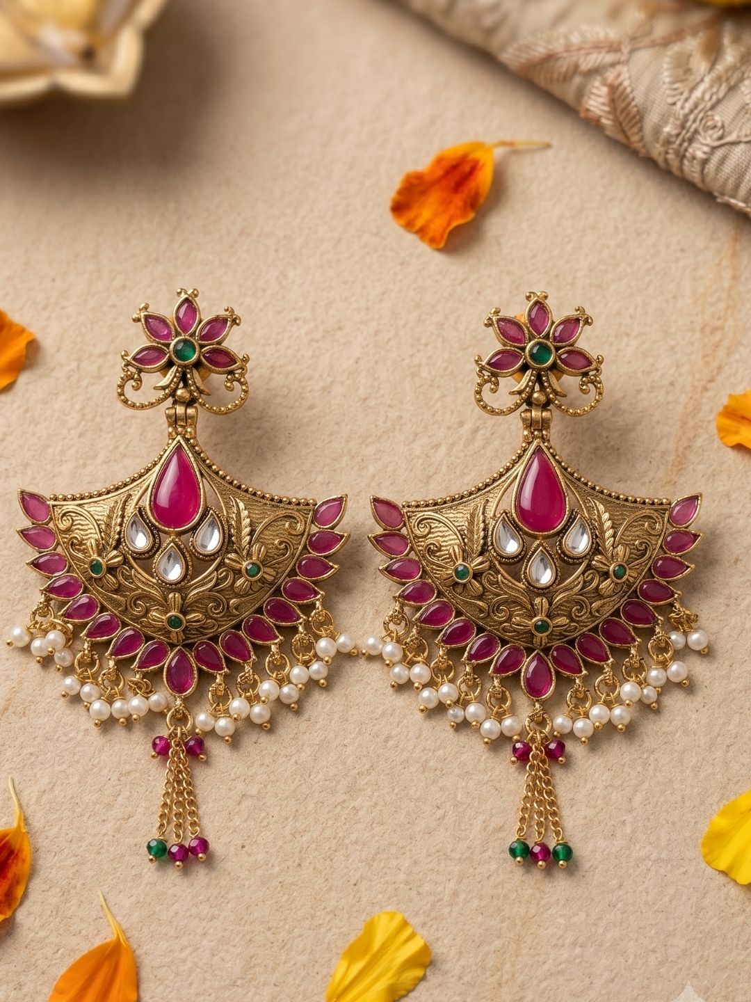 Gold Plated Traditional Golden Pink Chandbali Earrings | Wedding & Festive Wear Earrings