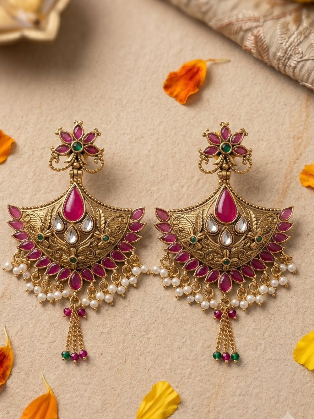 Gold Plated Traditional Golden Pink Chandbali Earrings | Wedding & Festive Wear Earrings