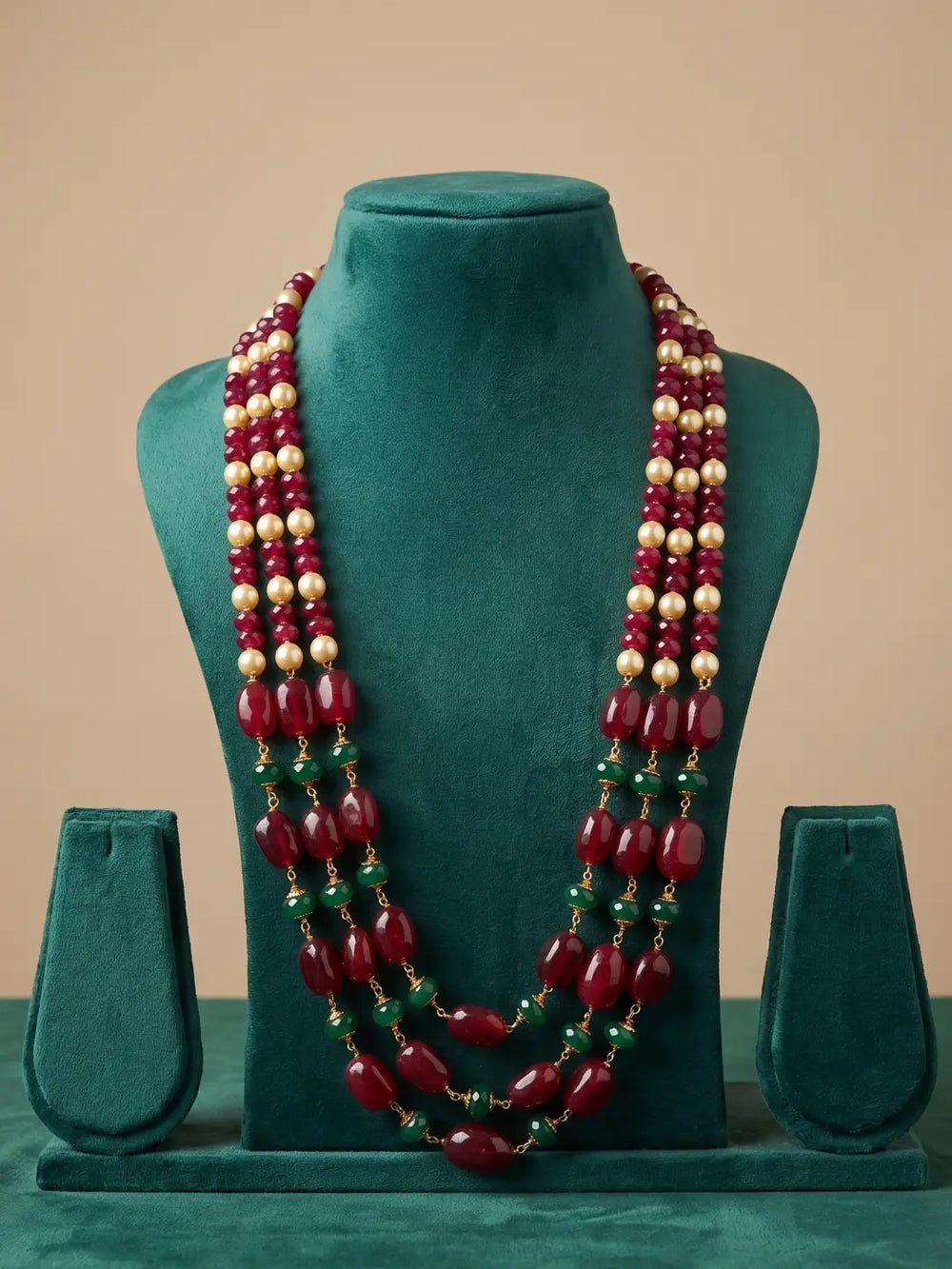 Handmade Triple Layered Natural Red Jade Beaded Necklace For saree 