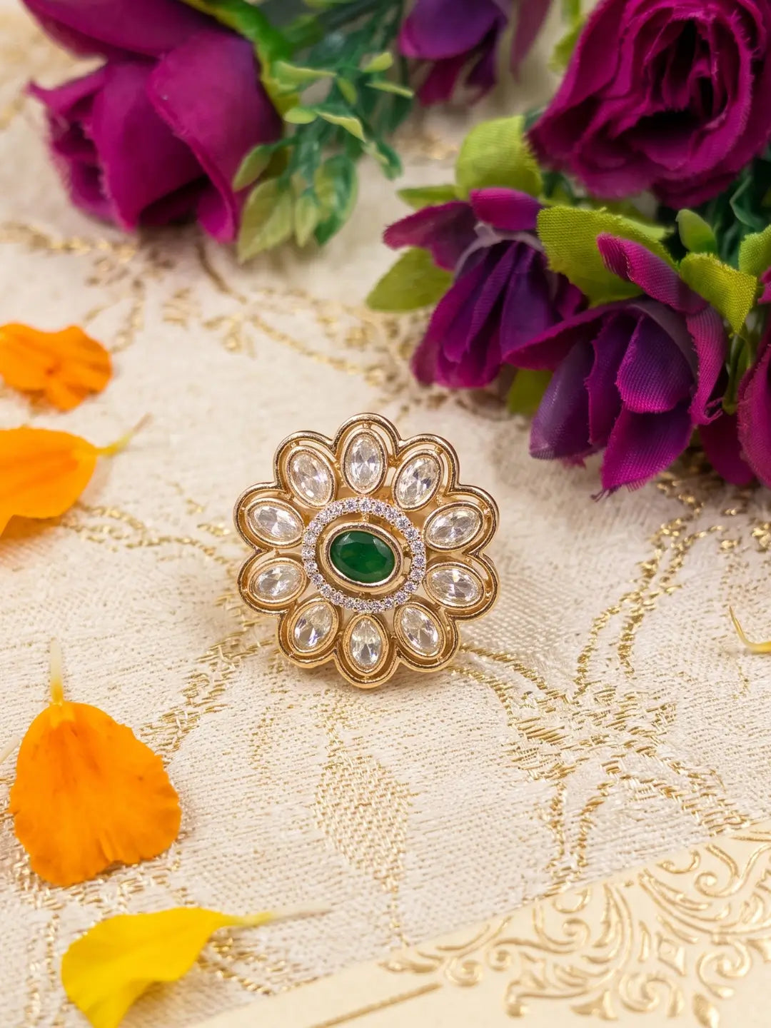 Gold Plated Polki Kundan Adjustable Ring For Women | Ethnic & Traditional