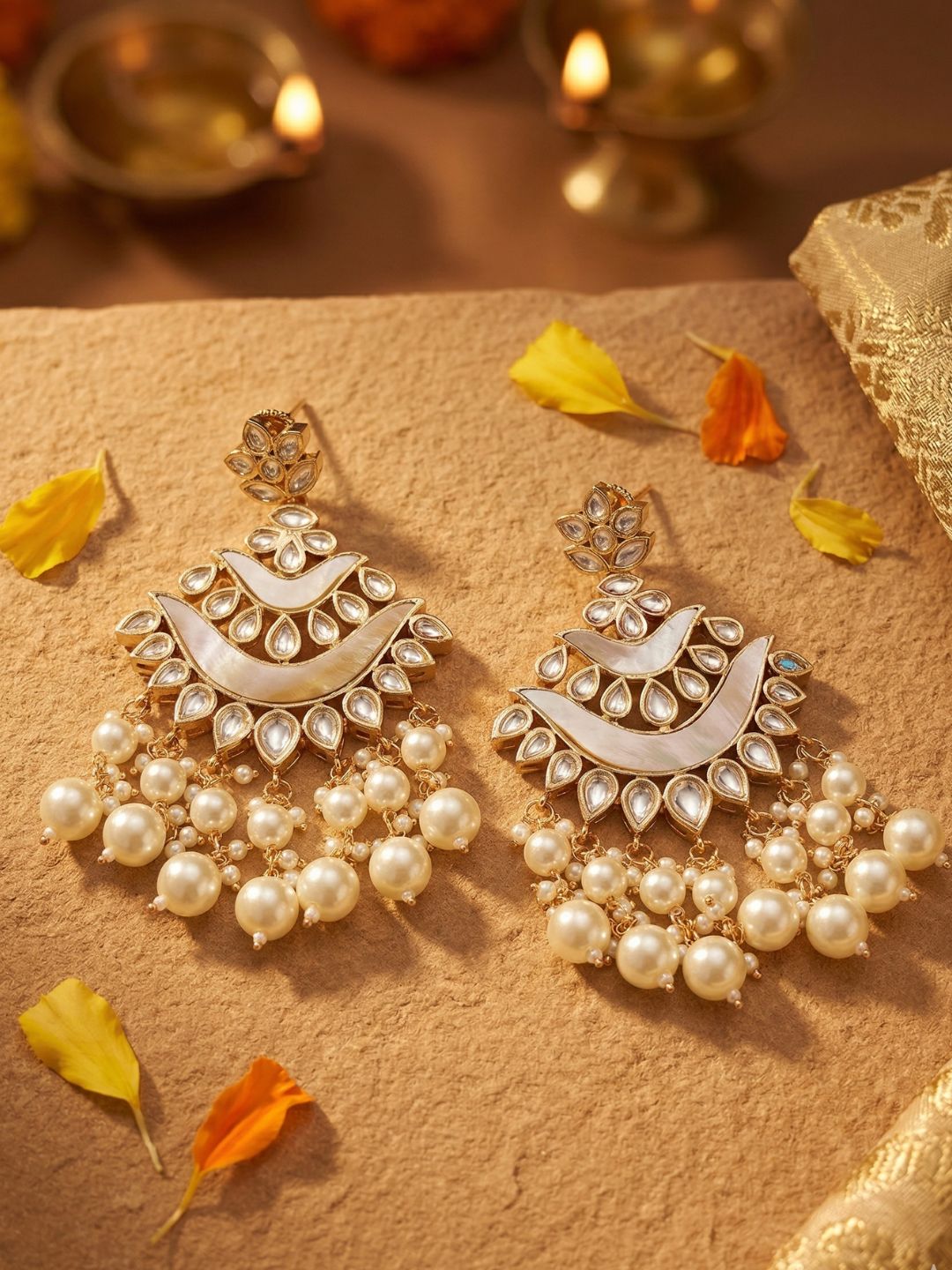 Kundan Chandbali Earrings with Mother of Pearl Detailing and Pearl Drops | Bridal Wedding Statement earrings  for Women