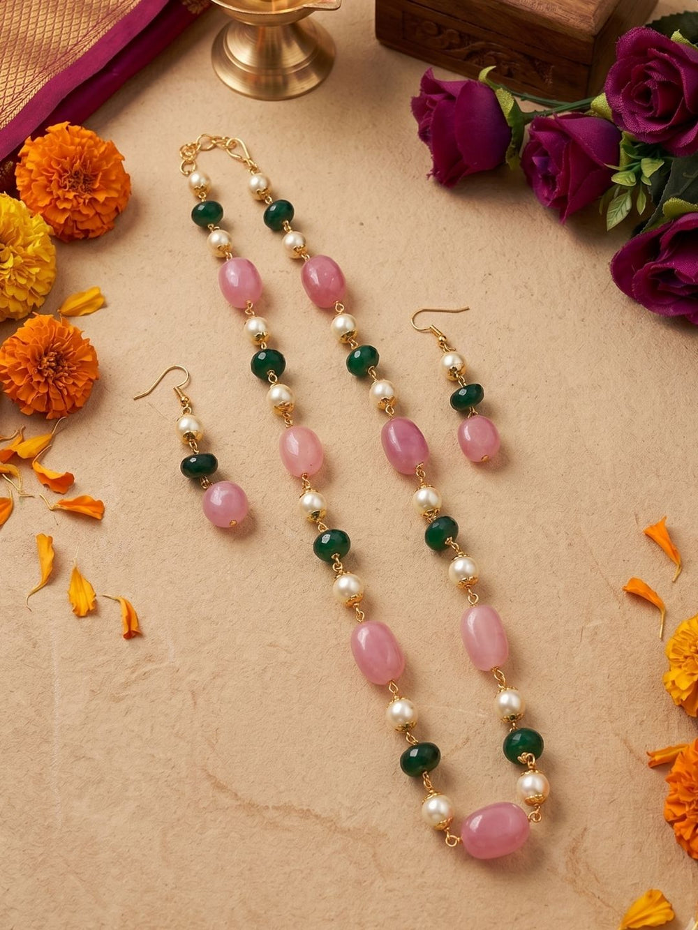 Semi Precious Gemstone pink Jade Beaded Necklace Set | Ethnic Jewellery For Women