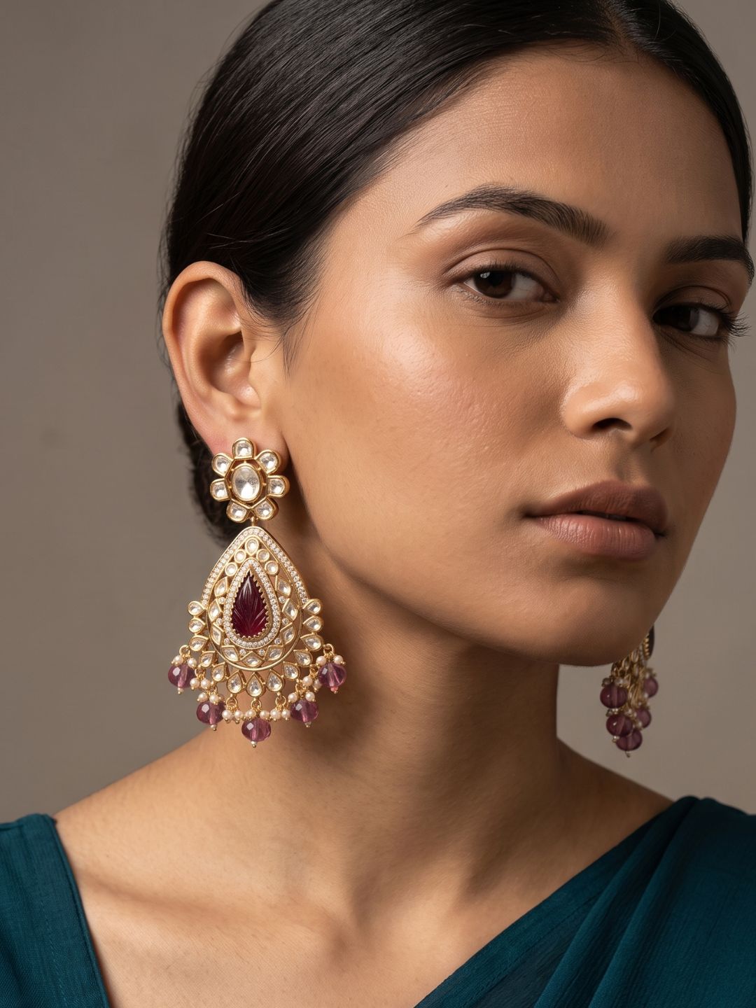 Kundan Polki Pearl Drop Chandbali Earrings For Women | Traditional Ruby Pink Bridal & Wedding Earrings