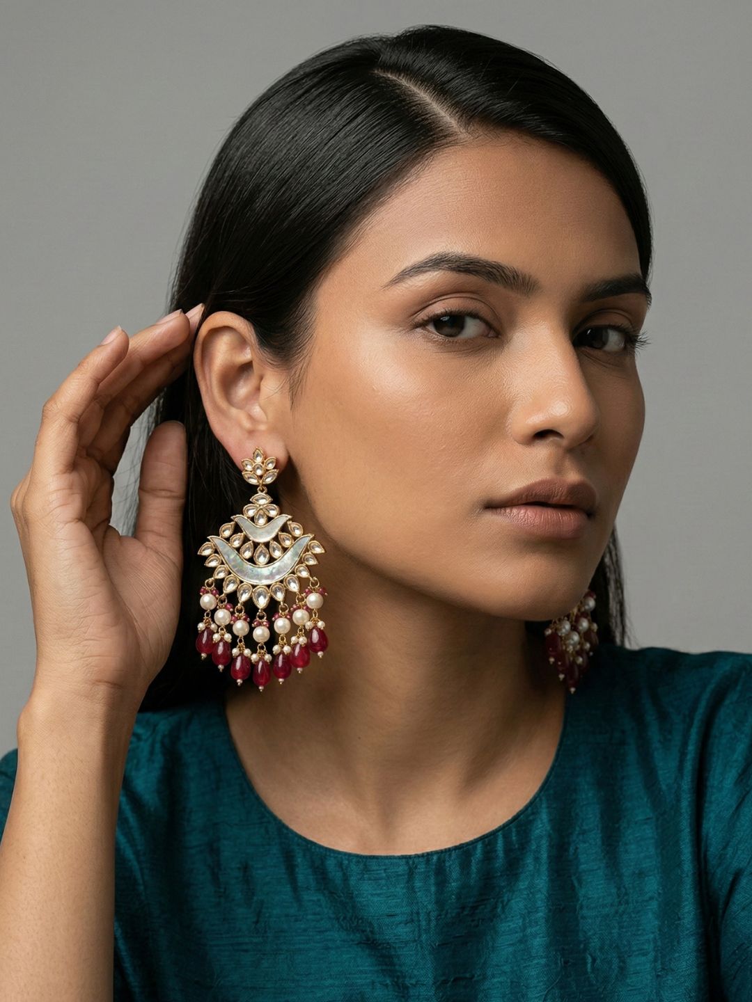 Kundan Chandbali Earrings with Mother of Pearl Detailing and red stones and Pearl Drops | Bridal Wedding Statement earrings  for Women