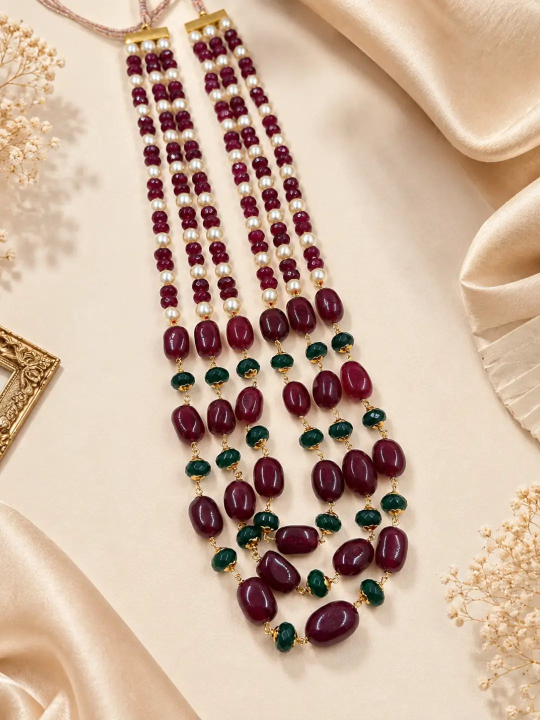 Handmade Triple Layered Natural Red Jade Beaded Necklace For Ethnic Wear